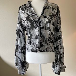 Nasty Gal Floral Mesh Balloon Sleeve Button Down Shirt